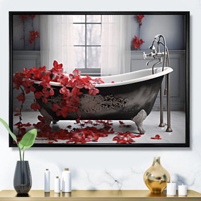 «Red Floral Bath I» - Art mural pour la lessive dans le salon