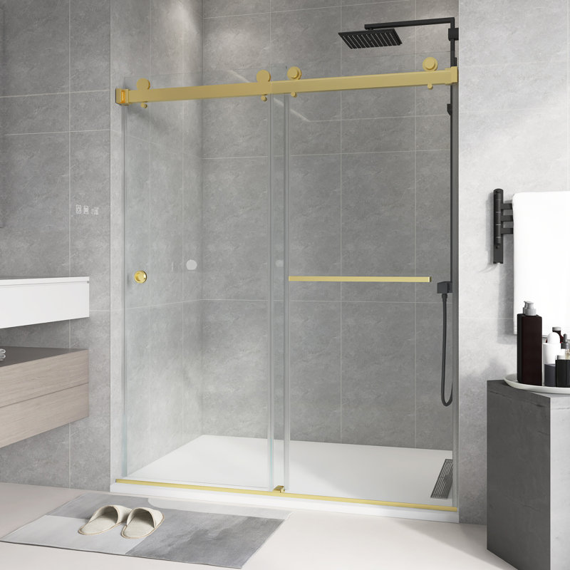 55'' - 59'' W X 72'' H Double Sliding Door Frameless Shower Door, Gold