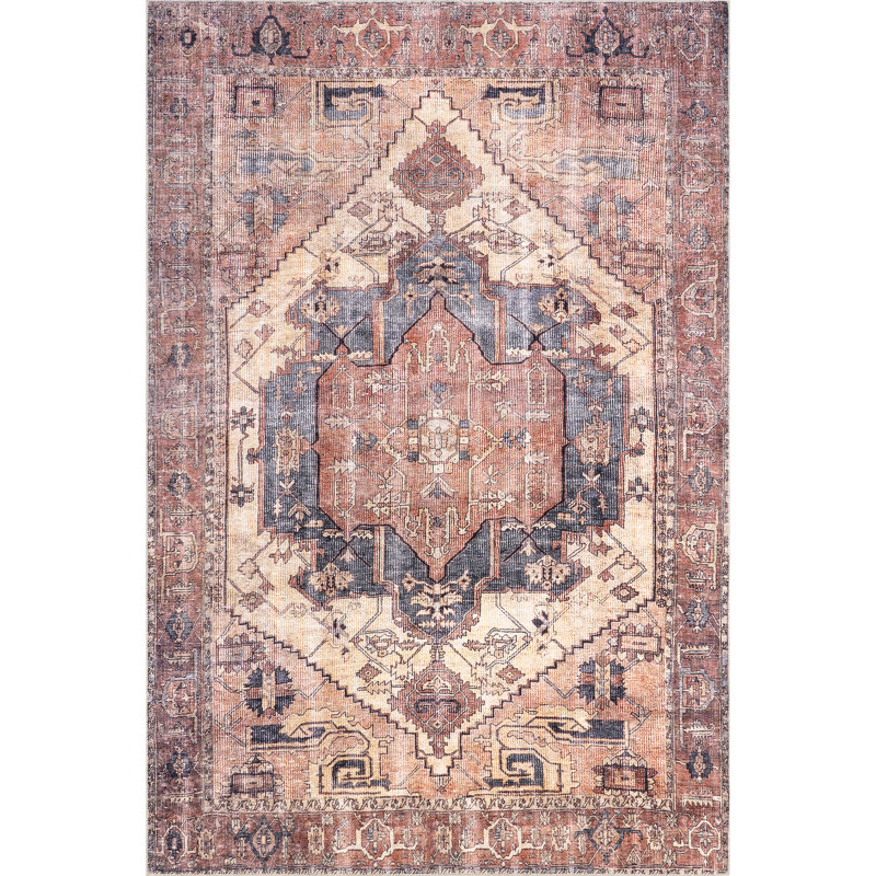 Tapis rouge / orange tissé à la machine à motif médaillon performance Alfonso, Rectangle 6 pi x 9 pi