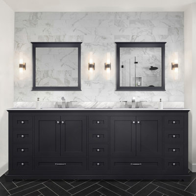 Espresso Double Bath Vanity 84 In. W X 22 In. D, Carrara Marble Top, And 34 In. Mirrors