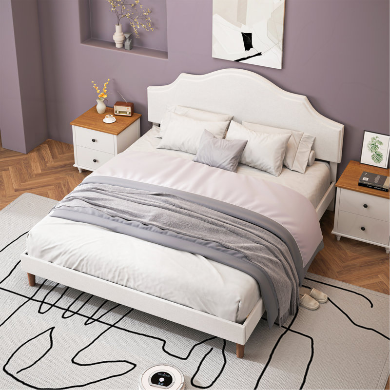 Très grand lit plateforme tapissier avec tête de lit ajustable, rembourré en tissu de lin, lit plateforme de style simple et moderne sans sommier, facile à assembler, blanc