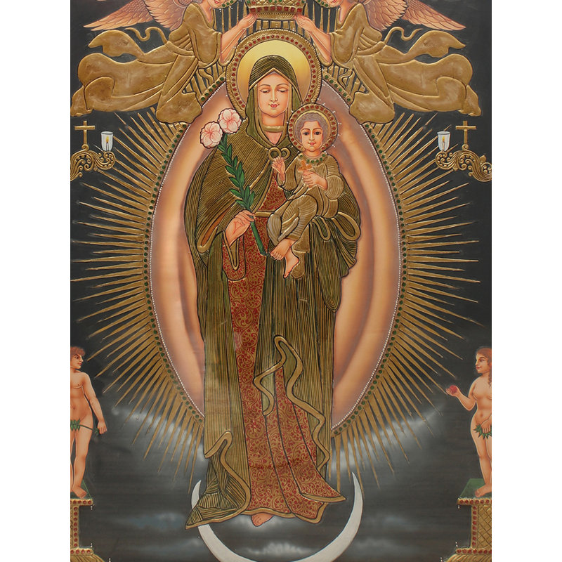 Mère joyeuse avec Jésus | Couleurs traditionnelles avec or 24 carats | Avec cadre