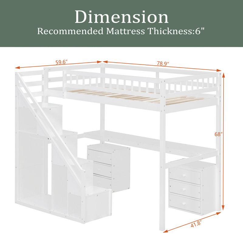 Lit mezzanine avec deux commodes, bureau et bande lumineuse, Simple, Blanc