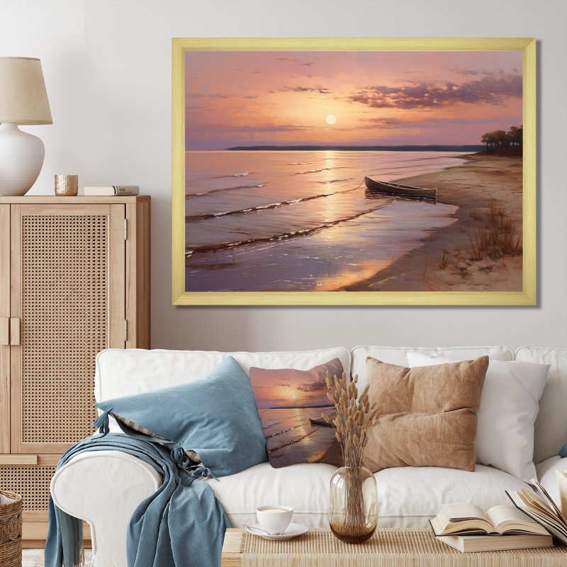 Ocean Serenity Gentle Pink Purple Beach Sunrise - Beach Wall Decor, H 34 po x l 44 po, Cadre doré à une seule photo