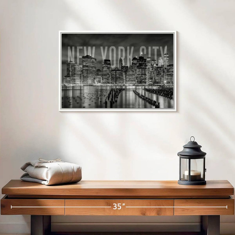 Horizon de New York monochrome, 19 po x 13 po, Cadre flottant blanc