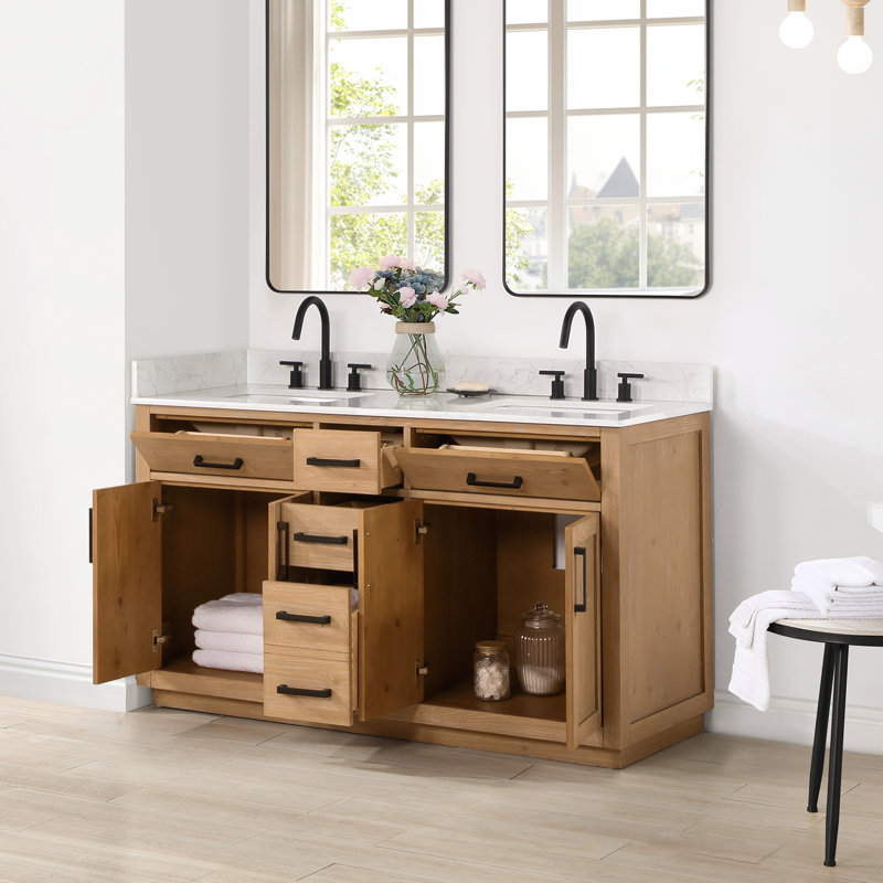 Ensemble de meuble-lavabo double 60 po Gavino, Brun pâle, Noir mat