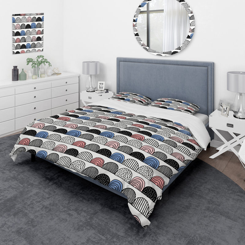 Demi-lunes bleues, roses et noires - Ensemble de housse de couette moderne - Microfibre de polyester