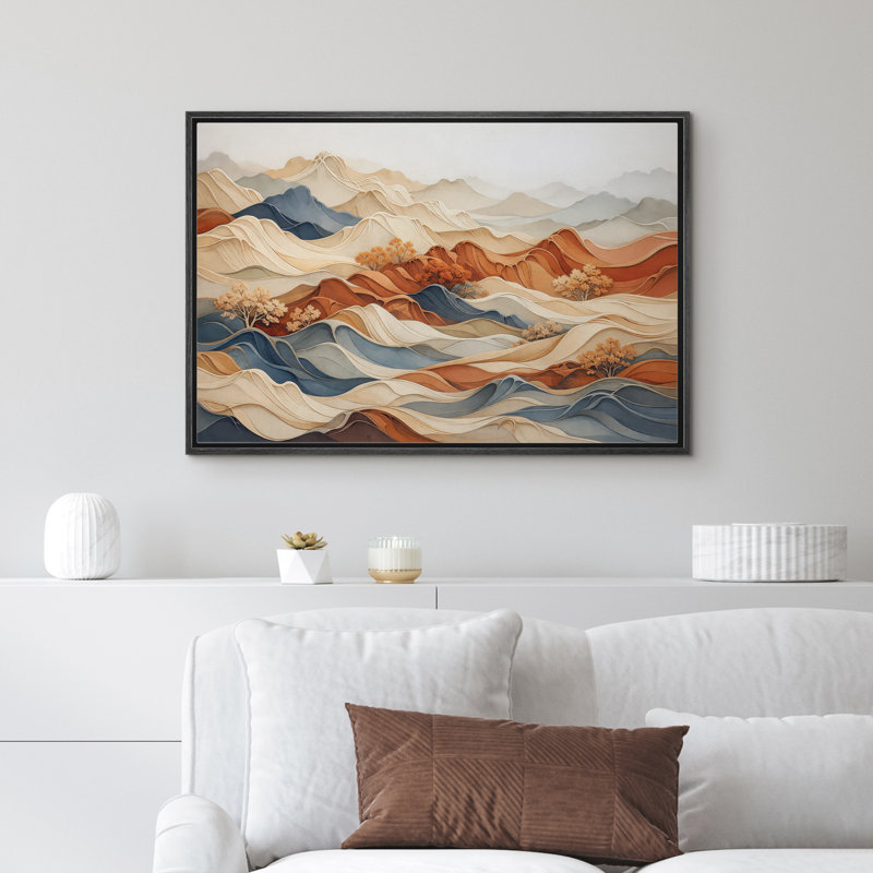 «Modern Layered Mountain Landscape Neutral Nature», reproduction d'art sur toile encadrée dans la chambre principale, Black