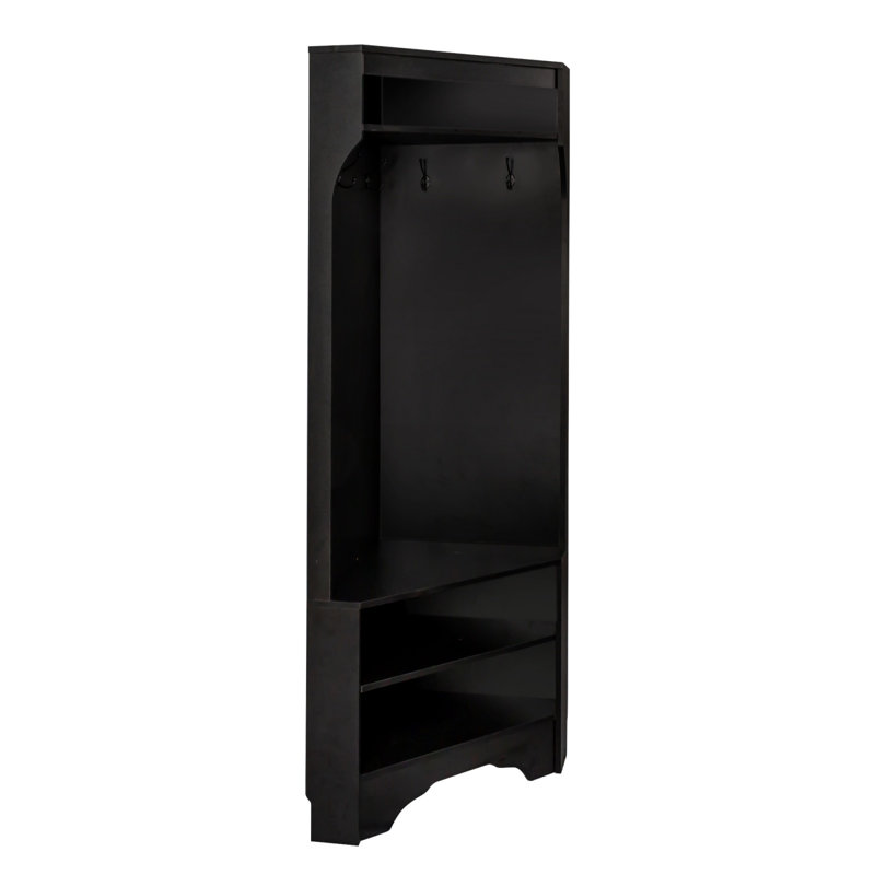 Black Minimalist Corner Hall Tree With Shoe Bench, Black 