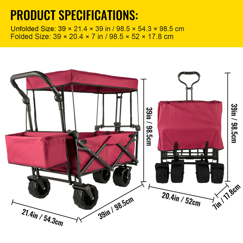 Très grand chariot de jardin pliable avec auvent amovible VEVOR, Rouge