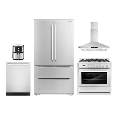 5 Piece Kitchen Package with 36"" Freestanding Gas Range  36"" Wall Mount Range Hood 24"" Built-in Fully Integrated Dishwasher,  French Door Refrigerator -  Cosmo, COS-5PKG-854