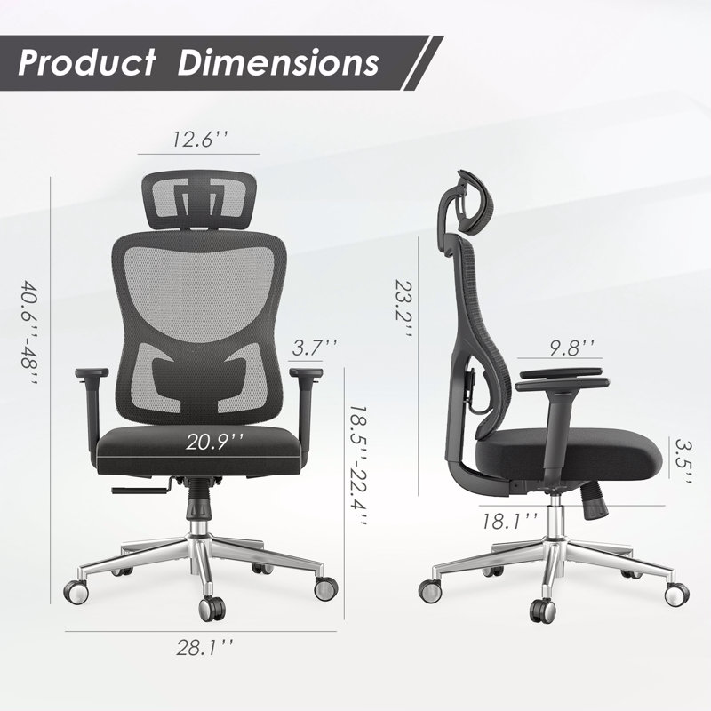 Chaise de bureau ergonomique, chaise de bureau en filet avec support lombaire réglable et appui-tête, chaise d'ordinateur confortable avec fauteuil pivotant inclinable à accoudoirs 3D pour la maison et le bureau