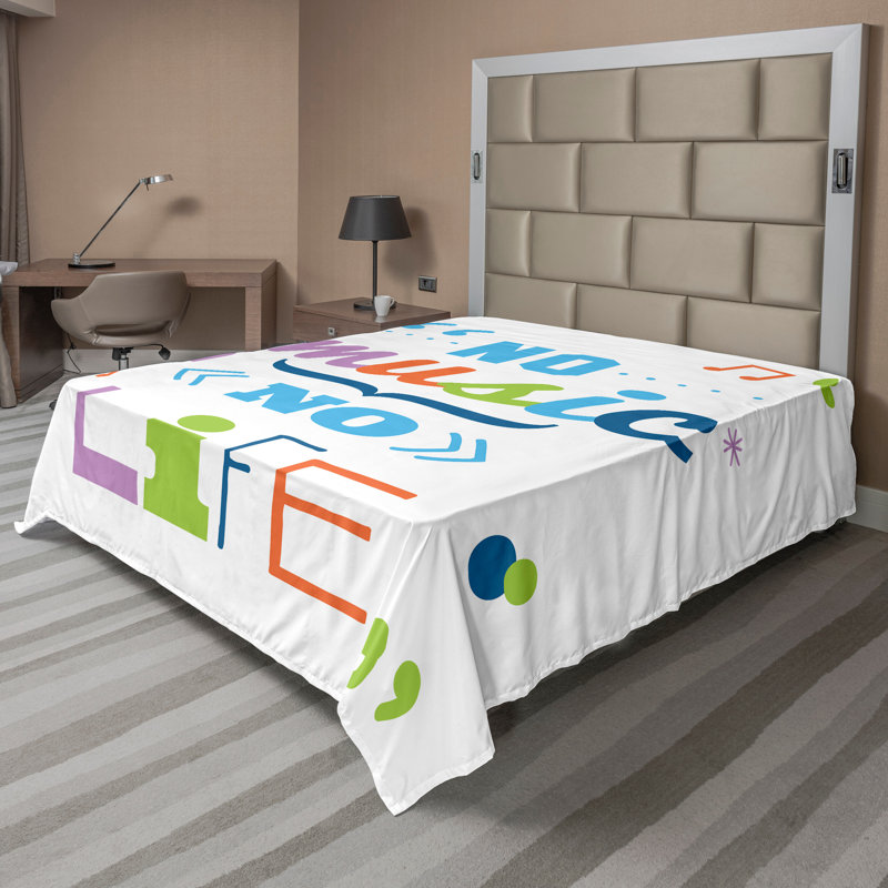 Ambesonne Saying Top Flat Sheet No Music, No Life Slogan Multicolor, CalKing Flat Sheet