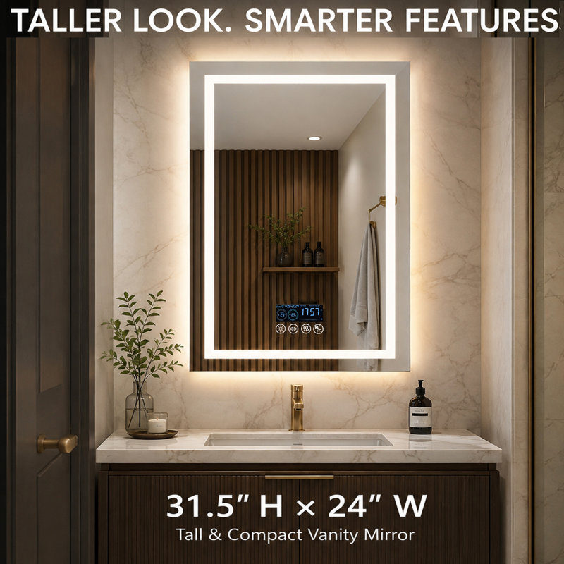 Miroir de salle de bain vertical à DEL de 80 x 61 cm avec éclairage, haut-parleur Bluetooth, affichage intelligent de l'heure et de la date, traitement antibuée et intensité lumineuse réglable en 3 couleurs.