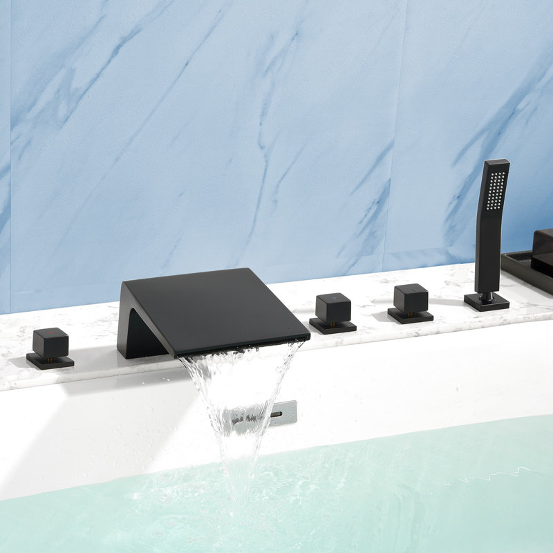 Deck Mount Roman Tub Faucet Set Waterfall High Flow Bathtub Faucets, Black