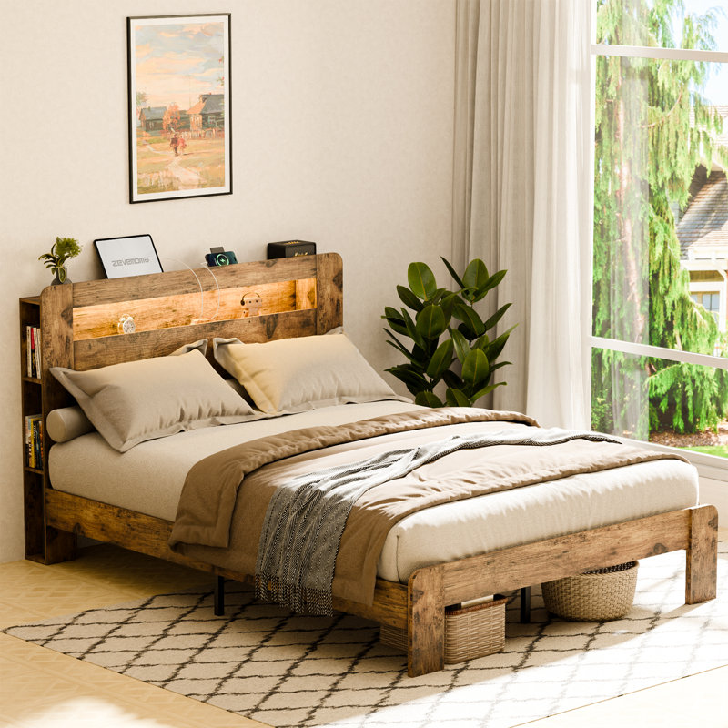 Rustic Wooden Platform Bed With Charging Station, LED Lights, And Storage Shelves – Full, Queen, And King Sizes, King