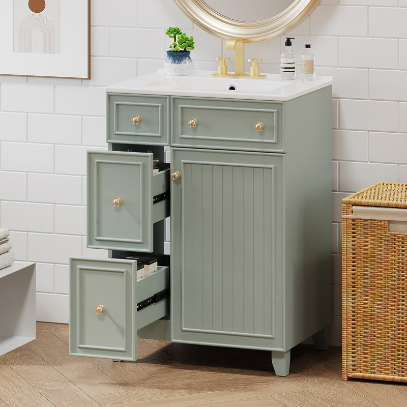 24-Inch Bathroom Vanity Cabinet With Ceramic Sink, Green