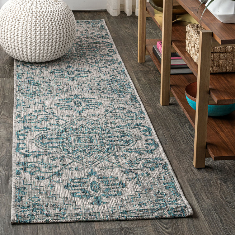 Truman Bohemian Medallion Textured Weave Teal/Gray Indoor/Outdoor Rug