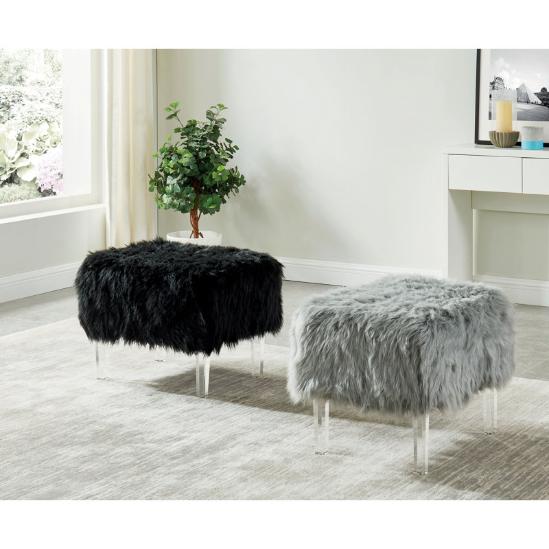 Natalia Upholstered Ottoman, Gray Faux Fur
