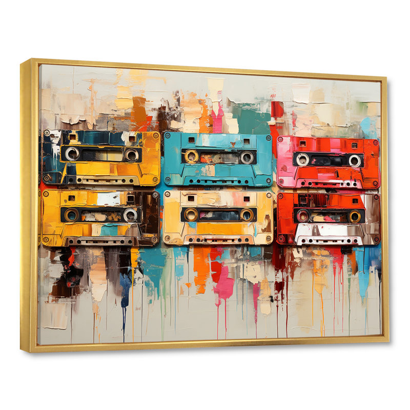 Popart Cassette Tapes Nostalgy I sur impression sur toile, H 24 po x l 32 po x P 1 po, Cadre flottant doré