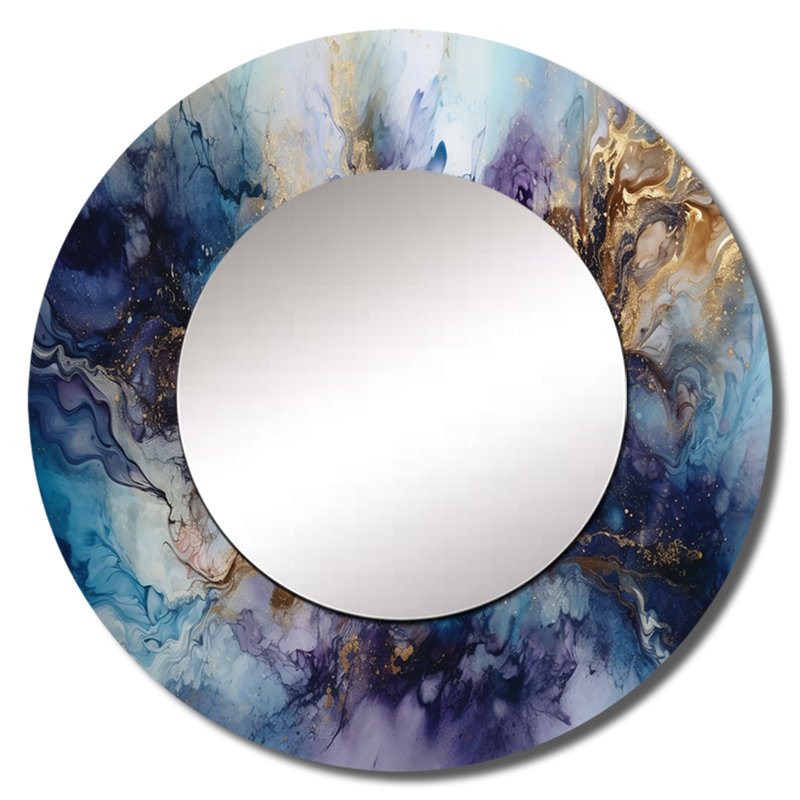 «Raevin», mauve captivant, encre liquide I - miroir en marbre, miroir mural décoratif doré, impression d'art en métal, Rond