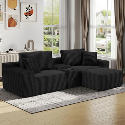 111.2" W Sectional Compression Sofa 4 Piece Corduroy Modular Boneless Cloud Couch With Center Console Storage & USB Charging & Cup Holders & Ottoman