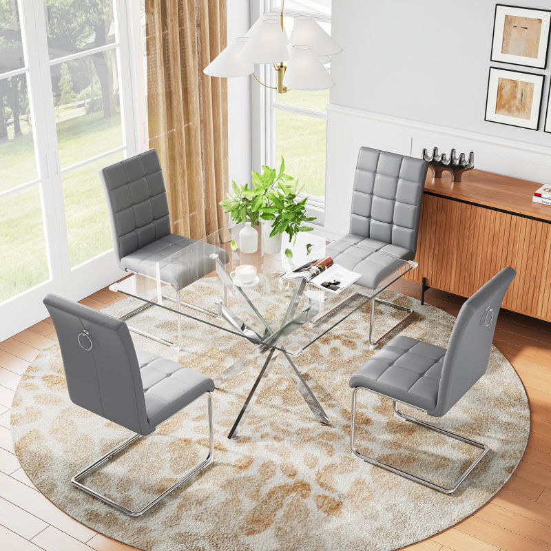 Square Pedestal Dining Set With 4 Luxury Faux Leather Dining Chairs, Silver, Gray/Silver