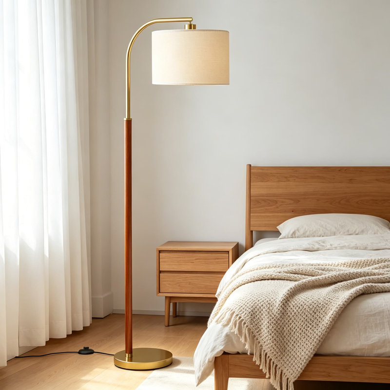 Mid-Century Modern Arc Floor Lamp With Adjustable Shade, 3-Level Dimmable LED Bulb Included, Walnut And Gold Vintage Standing Lamp For Living Room Or Bedroom