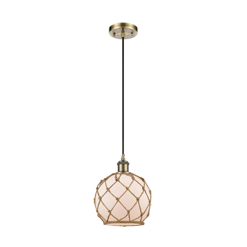 Cottrell 1 - Light Single Pendant, White Glass/Brown Rope, No Bulb Included, 10" H x 8" W x 8" D
