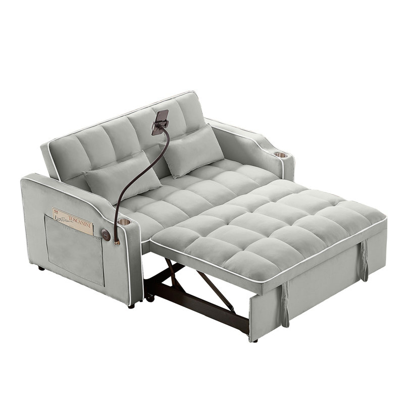 Fauteuil inclinable polyvalent à double siège pliable, canapé-lit confortable en velours avec poches latérales, port USB, support pour téléphone pivotant, cendrier et dossier réglable