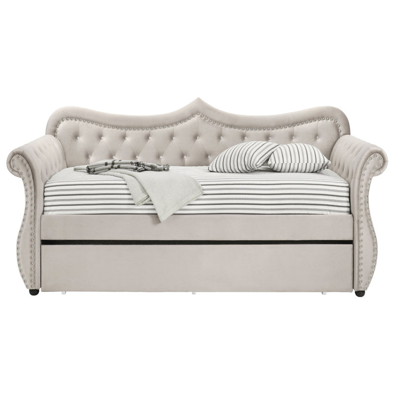 Luxurious Velvet Wood Daybed With Trundle For Ultimate Comfort And Style, Twin, Beige