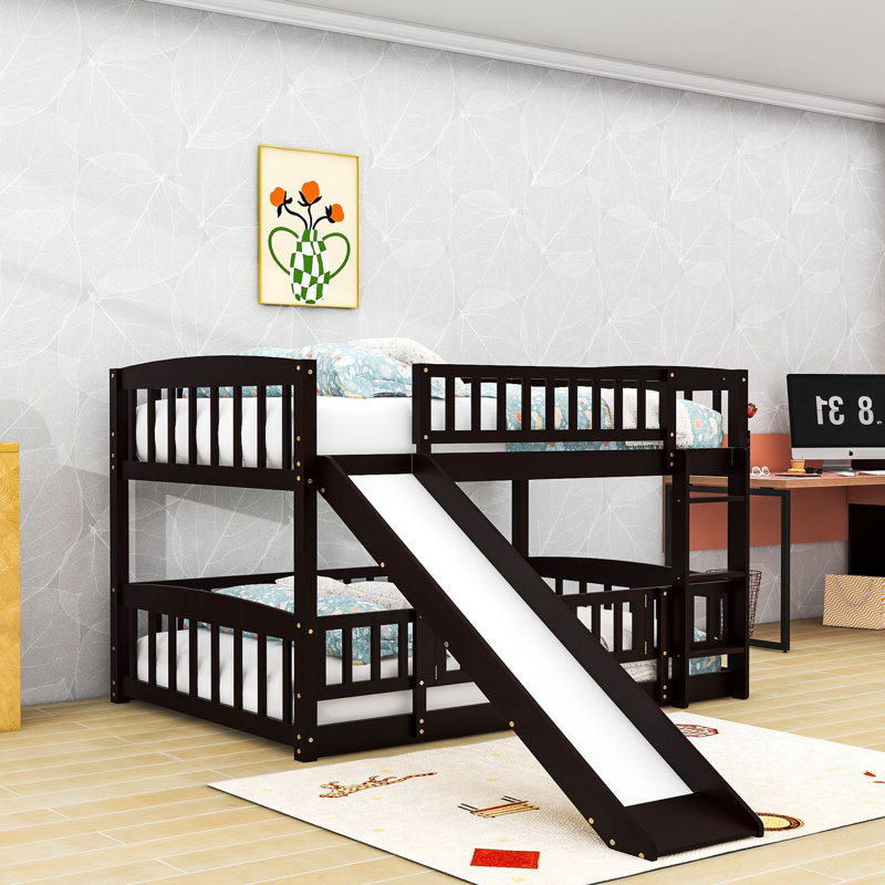 Wood Bunk Bed With Slide And Guardrails, Full over Full, Espresso