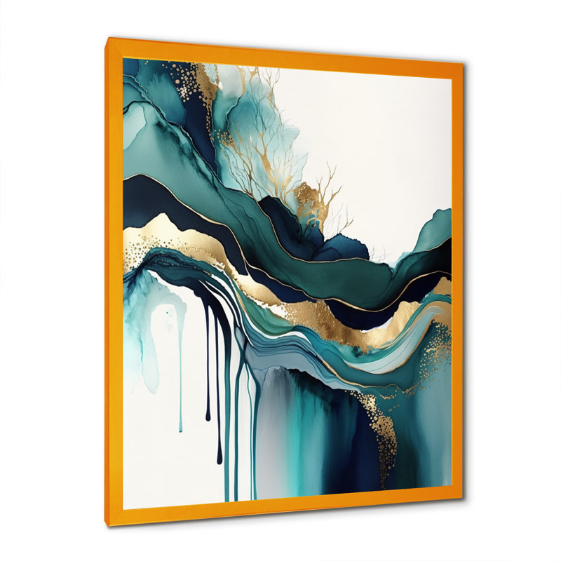 Décoration murale sarcelle et or abstrait Expression IV - Encre liquide abstraite, Impression encadrée, H 32 po x l 16 po