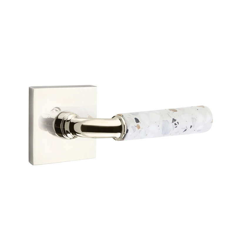 Mortaise intérieure Emtek Select avec rosette carrée et tige R-Bar, levier Terrazzo clair, Gauche, Nickel poli