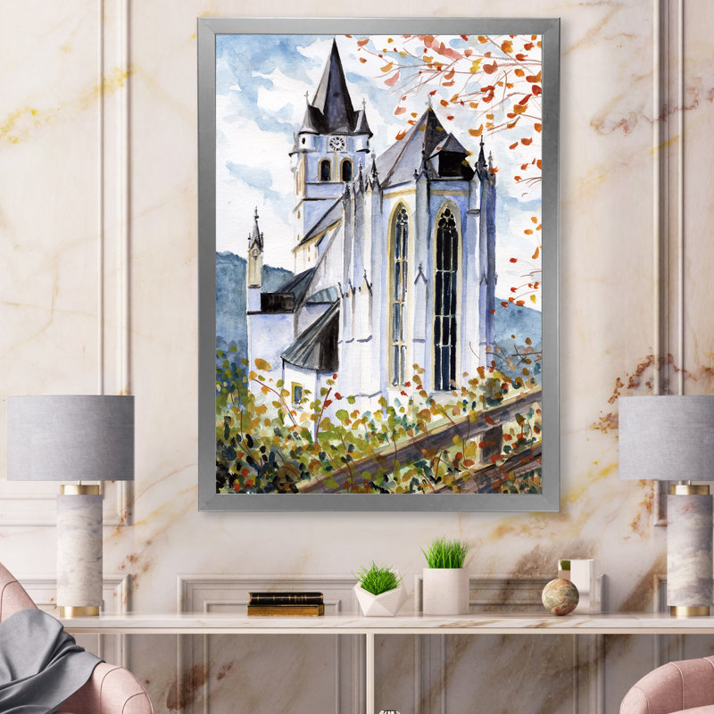 Église gothique verte - Peinture sur toile, H 20 po x l 12 po, Cadre photo argenté