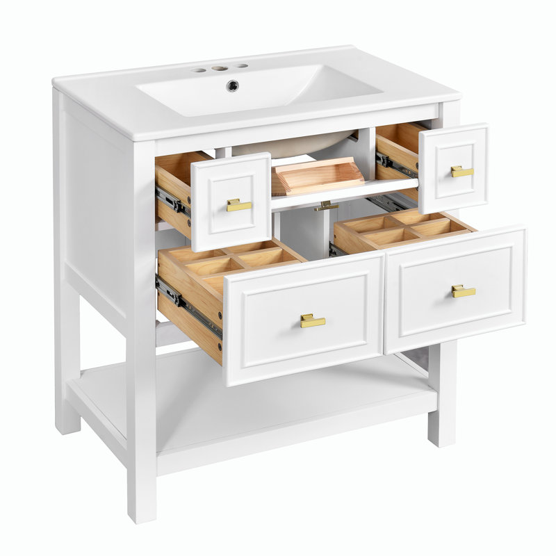 Ensemble de meuble-lavabo de 30 po avec lavabo en céramique pour la salle de bain, Blanc