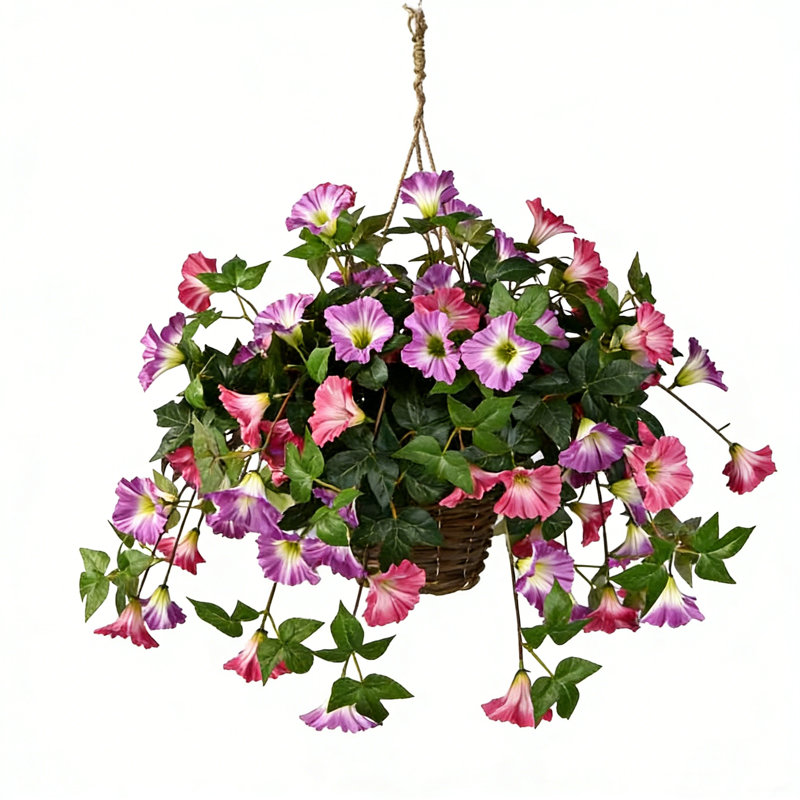 Faux floral avec panier suspendu dégradé artificiel gloire du matin et eucalyptus suspendus décor 3 pièces fleurs et un panier, B3