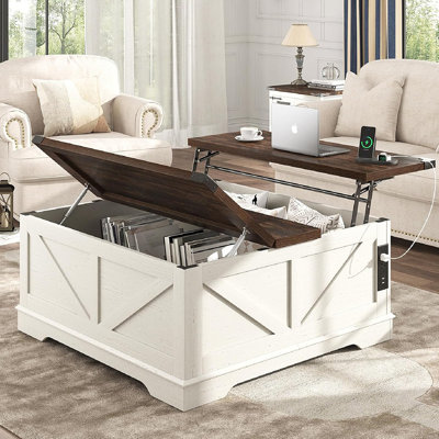 Farmhouse Lift-Top Coffee Table With Outlets & Storage – Rustic White