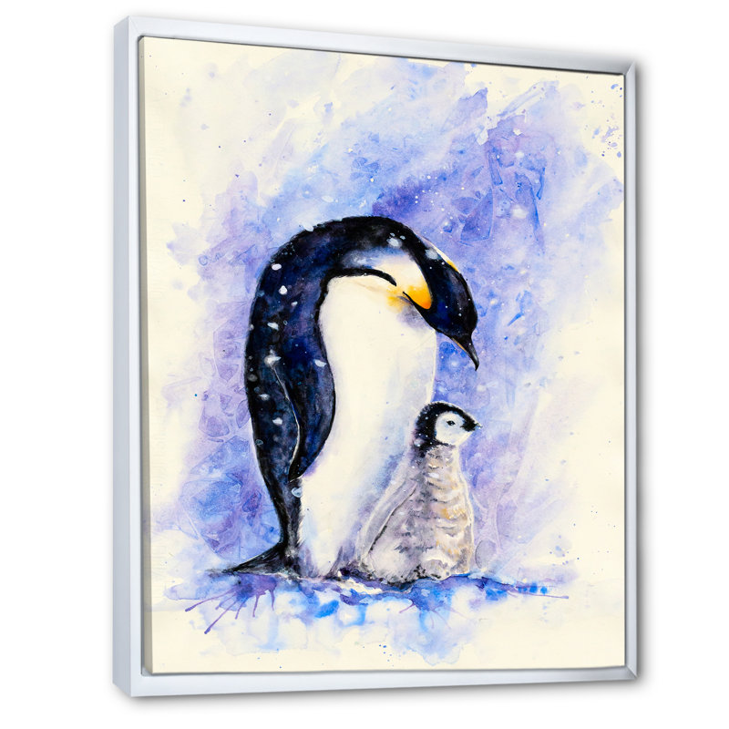 «Royal Penguins Mom with Her Baby», peinture sur toile, H 32 po x l 16 po x P 1 po, Cadre flottant blanc