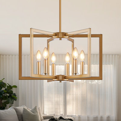  Lustre géométrique de style bougie carré / rectangulaire 6 lumières 21,7 po doré pour la salle à manger, la cuisine ou le couloir