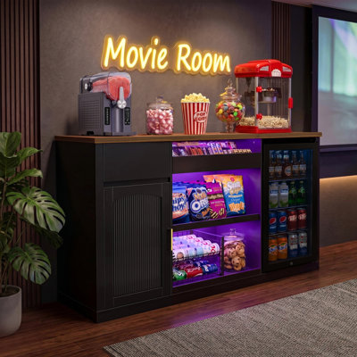Snack Bar Cabinet with Fridge Space, 70.1" Snack Organizer with Storage and Candy Display Shelf, Coffee Station for Home Theater or Game Room with LED Lights, Black