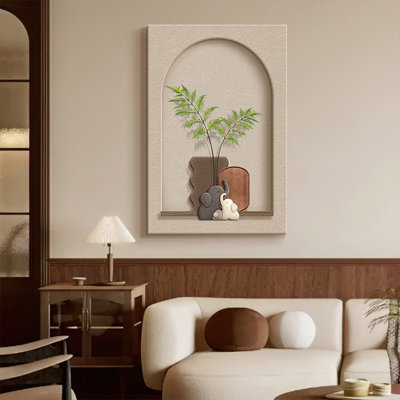 Peinture murale moderne moderne en relief en grès neutre avec lumière DEL chaude, peinture minimaliste de plante séchée pour salon