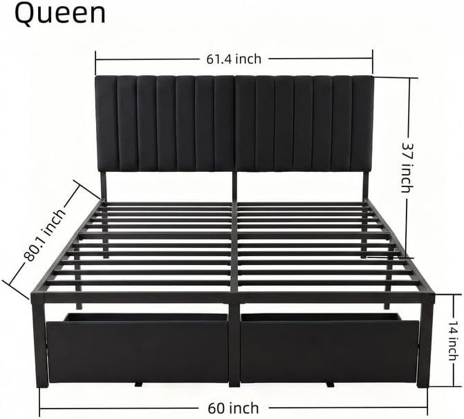 Structure de lit plateforme tapissier en tissu avec tiroir de rangement, sommier à lattes en métal et bois aggloméré, aucun sommier requis, silencieux, assemblage facile