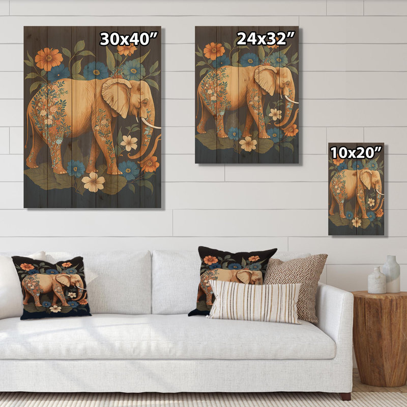 Éléphant rétro entouré de fleurs III - animaux, éléphant, art mural en bois - bois de pin naturel, L 24 po x H 32 po