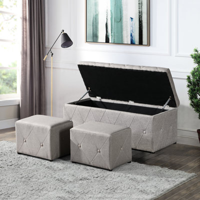 Meuble de rangement rectangulaire avec 2 poufs en lin beige, coussins confortables garnis de mousse, style moderne pour chambre, salon, balcon, gain de place, sièges supplémentaires pour les fêtes et réunions de famille.