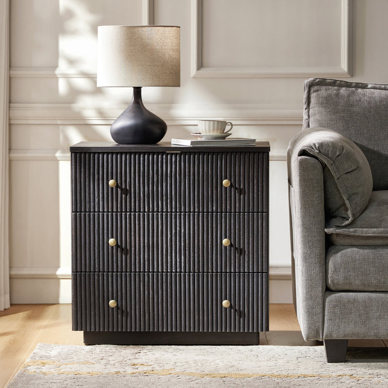 Kaybri 26''W Modern 3-Drawer Fully Assembled Fluted End Table with Solid Wood and Charging Station, Charcoal