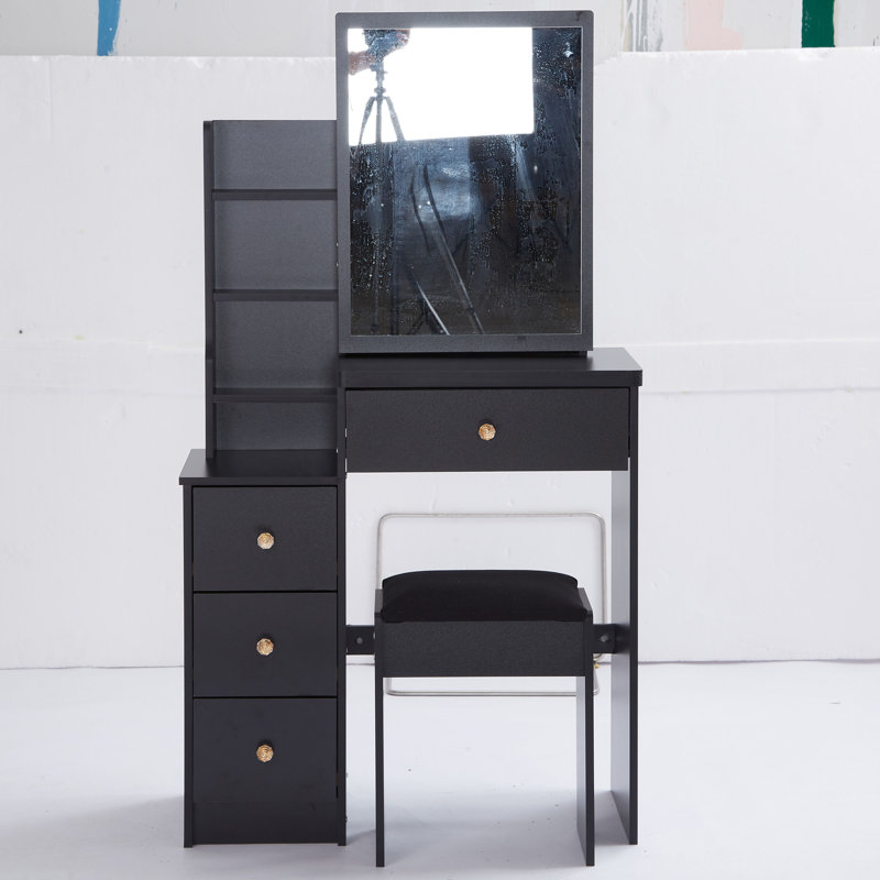 Petite coiffeuse 29,2 po avec tabouret de chevet gauche + tabouret rembourré, très grand miroir coulissant à droite, rangement multi-couches à grande capacité, commode pratique et pratique, convient aux petits espaces