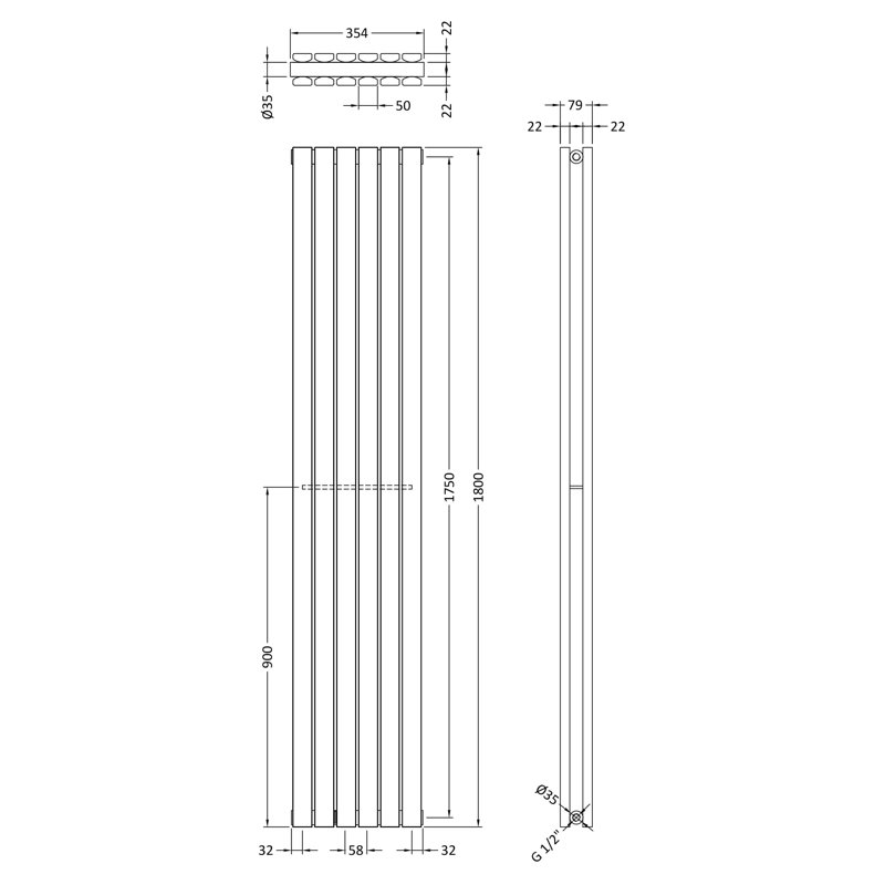 Sloane Vertical Designer Radiator, 180cm H x 35.4cm W x 7.2cm D, Anthracite