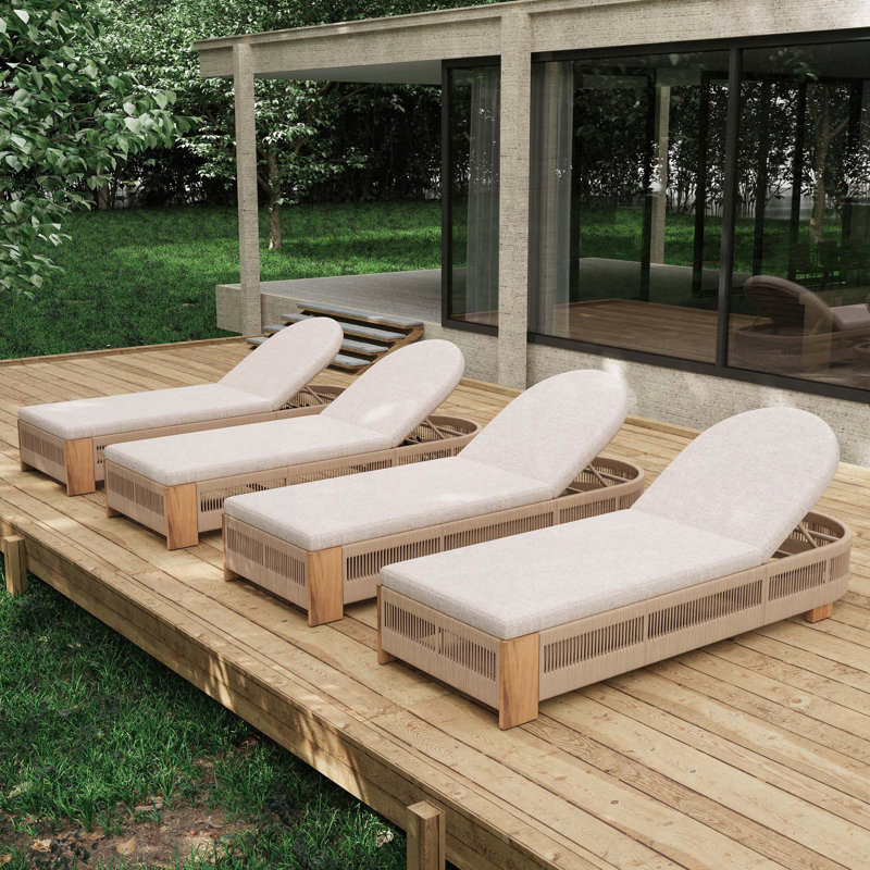 Chaise longue d'extérieur en bois d'acacia avec détails en corde, dossier réglable et coussin imperméable, Teck