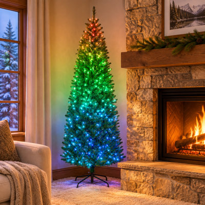 Sapin de Noël artificiel mince pré-illuminé, 2,13 m (7 pieds) avec 350 lumières DEL synchronisées à couleurs changeantes et télécommande, branches articulées aux extrémités denses, 12 modes d'éclairage, minuterie et luminosité réglable.